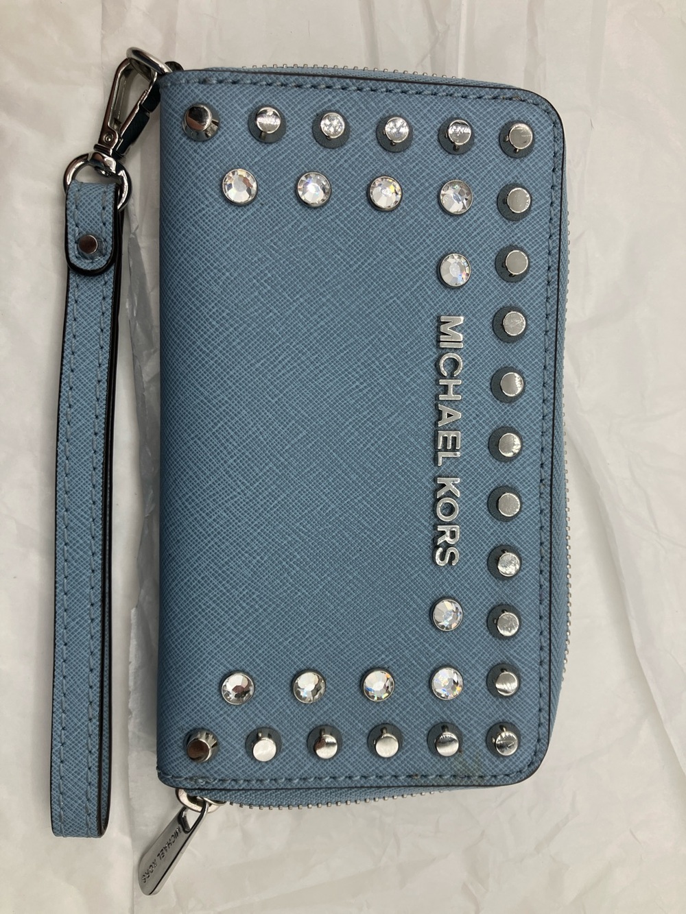 Michael Kors Light Blue Crystal-Stud Zip Wristlet